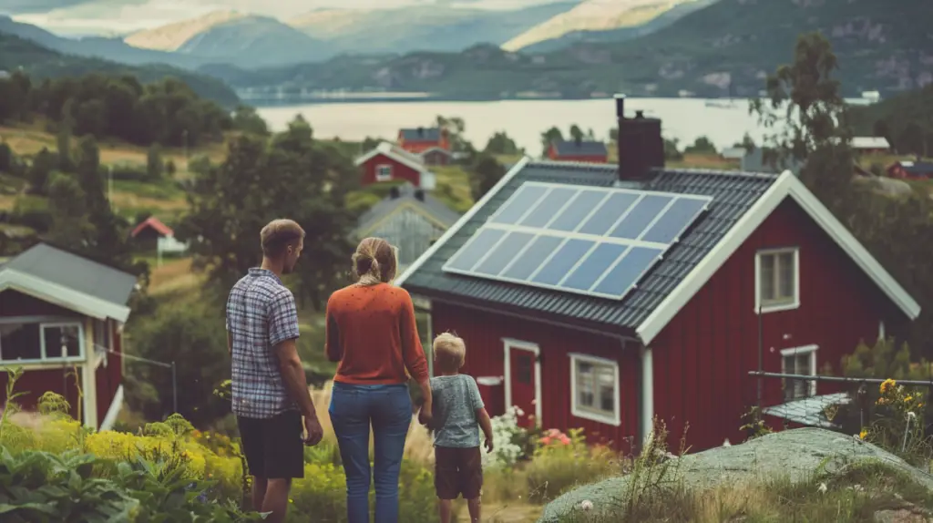 En familj på tre står utanför ett rött hus med solceller på taket, med utsikt över ett naturskönt landskap med kullar, vatten och andra hus – och visar hur man väljer rätt storlek för sitt energibehov.
