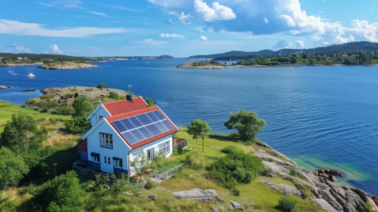 Ett vitt hus med solceller på sitt röda tak ligger på en gräsbevuxen kustlinje, med utsikt över en blå sjö prickad av klippöar och segelbåtar under en delvis molnig himmel – perfekt för att samla in verkliga siffror på produktion per månad.